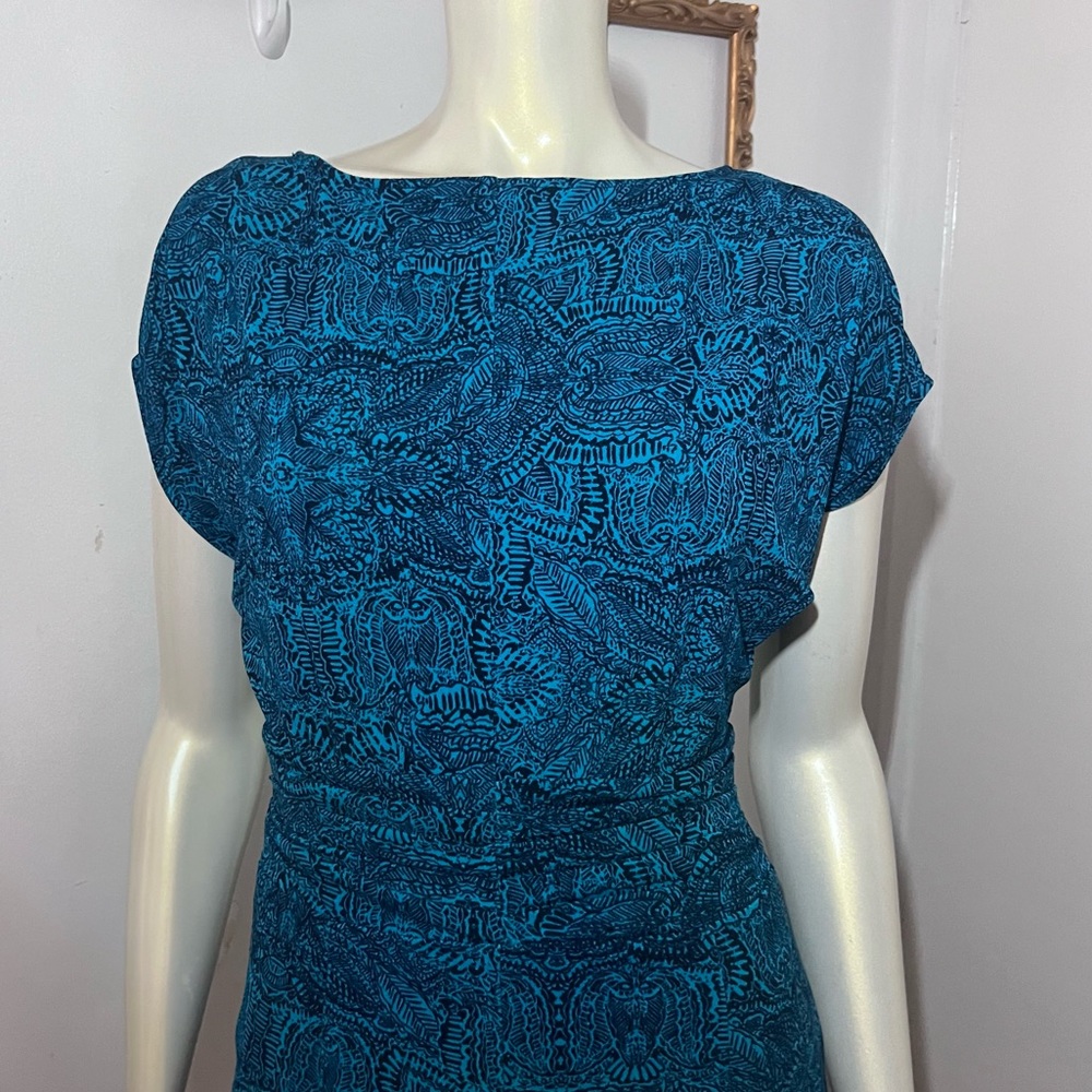 Ann Taylor Extra Small Petite Dress Turquoise Boat Neck Roushing gorgeous ZZ - Picture 3 of 10